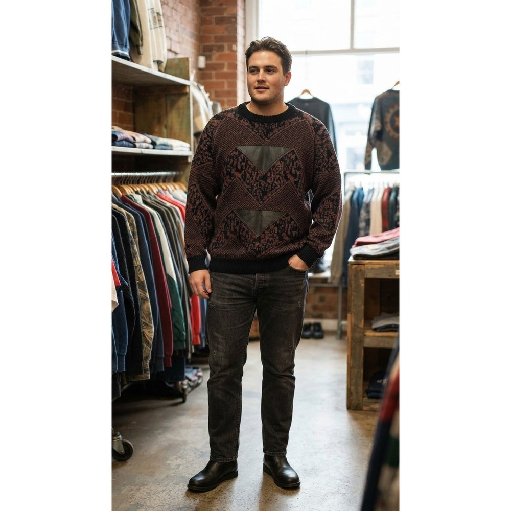 Barnaby Knit Sweater Mens 2X Burgundy Black Good Vintage Leather Patch Geometric